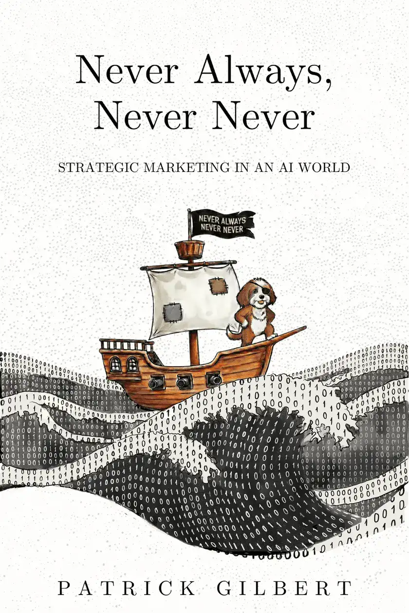 Never Always, Never Never book cover — a pirate ship sailing on binary code waves