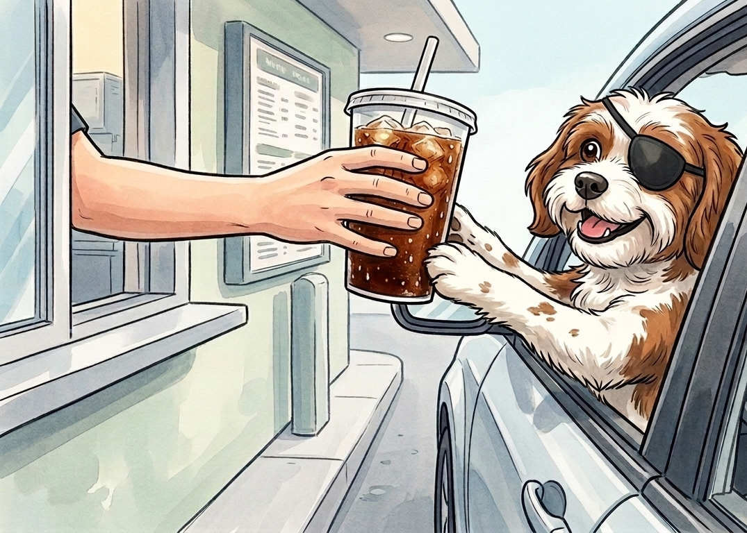 The Never Always pirate dog leaning out a car window at a drive-thru, reaching for a fountain soda, with a baby version of the mascot in a car seat behind him