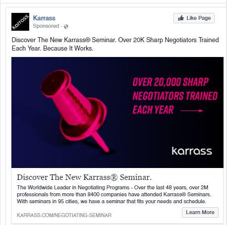 The deliberately boring Karrass ad: a pink pushpin on a black background reading Over 20,000 Sharp Negotiators Trained Each Year