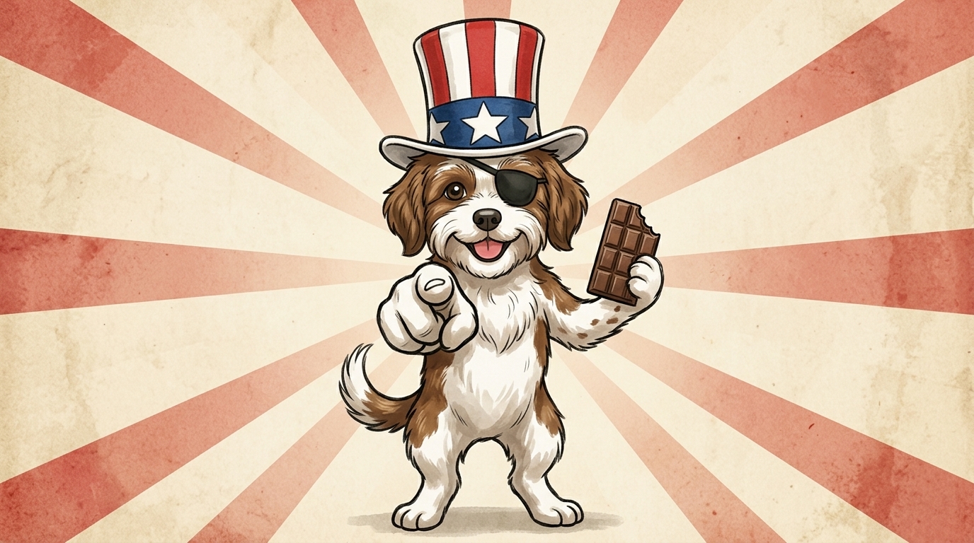 The Never Always, Never Never pirate-dog mascot dressed as Uncle Sam, smiling and pointing at the viewer while holding a chocolate bar with a bite taken out of the top