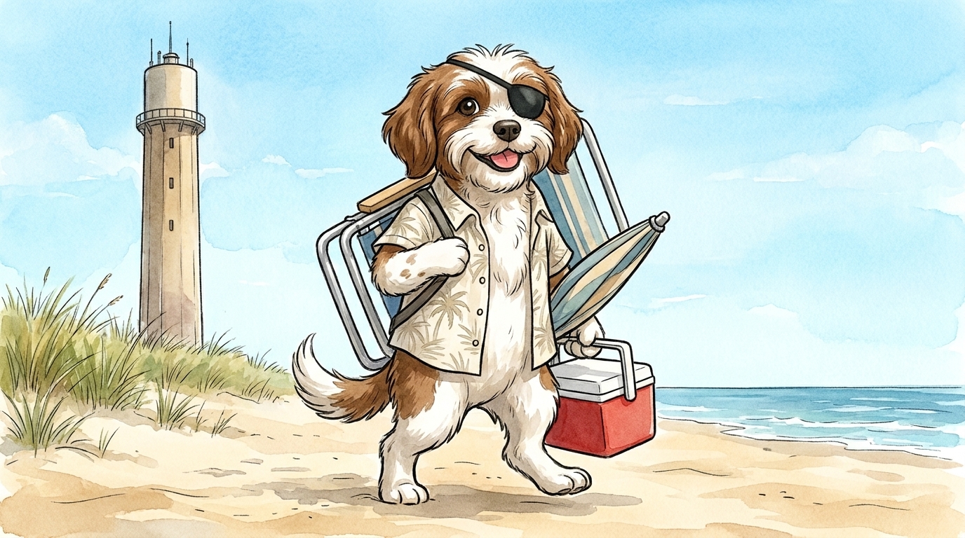 The Never Always, Never Never pirate-dog mascot in a beachy button-down shirt, smiling and carrying a folding chair, cooler, and umbrella, with the Jones Beach water tower in the background