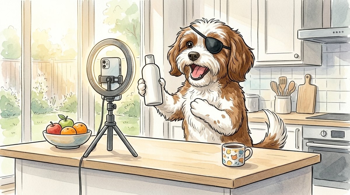The Never Always, Never Never pirate-dog mascot filming a UGC-style testimonial in his kitchen, holding a plain white product bottle up to a phone mounted on a ring light