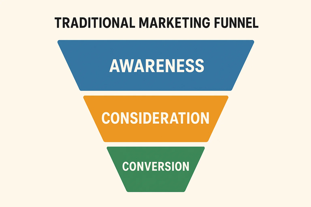 The traditional marketing funnel: awareness at the top, consideration in the middle, conversion at the bottom