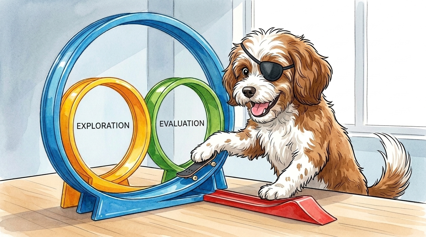 The smiling pirate-dog mascot rolling a toy fingerboard skateboard around a colorful plastic loop-de-loop toy of the messy middle, its two loops labeled exploration and evaluation