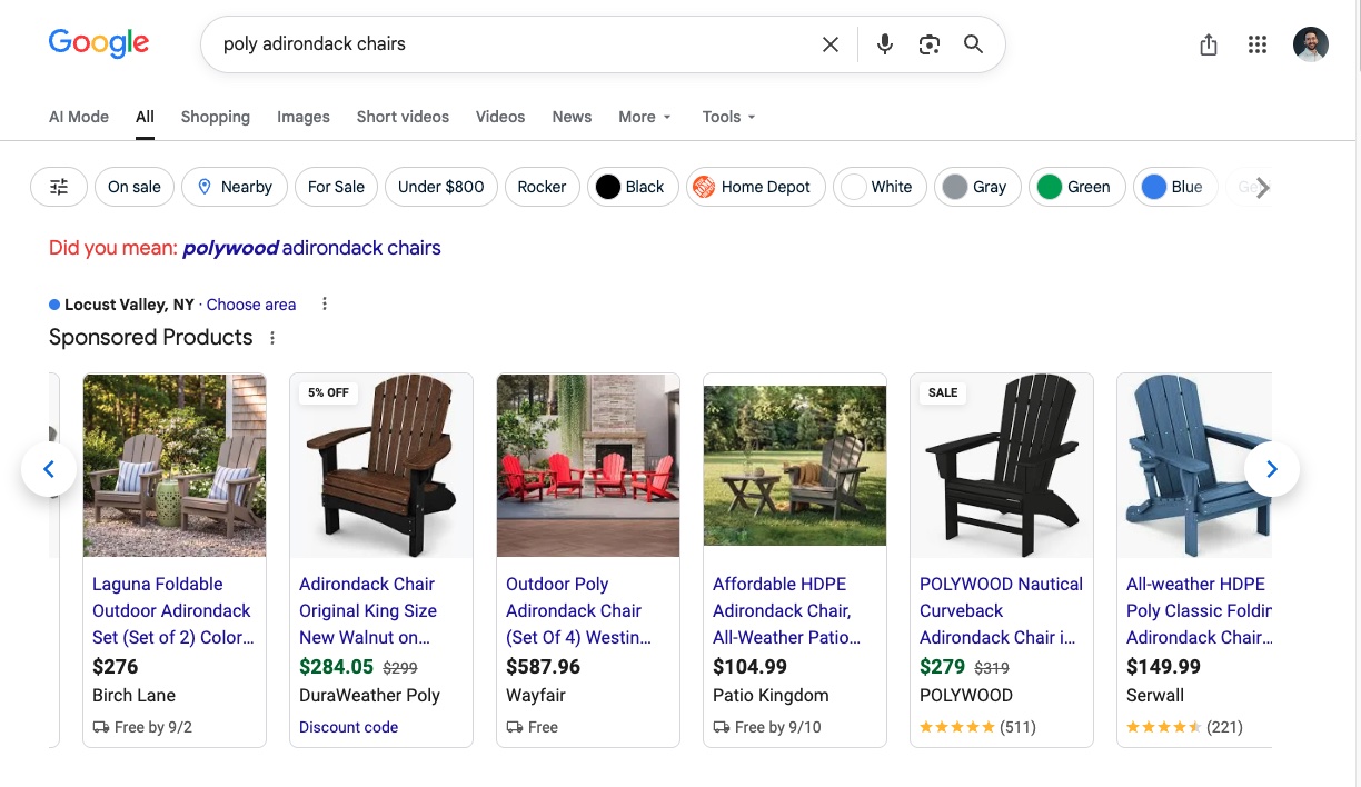 Google search results for poly adirondack chairs, with a row of Google Shopping ads and a Birch Lane listing first