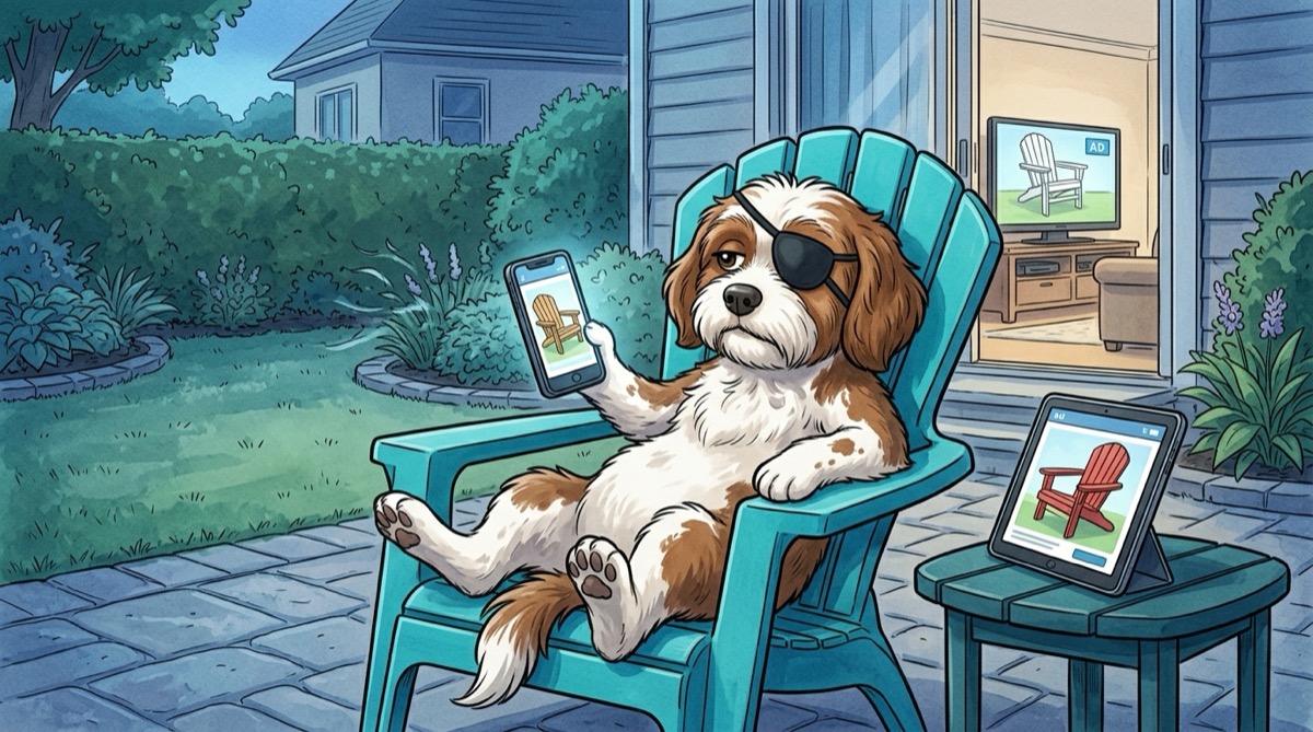 The pirate-dog mascot relaxing in an adirondack chair while every screen around him, a phone, a TV, and a tablet, plays an ad for a competing patio chair brand