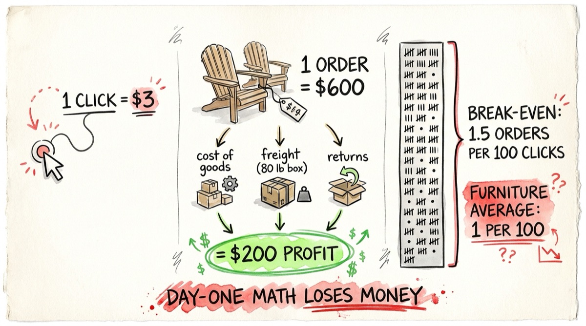 Hand-drawn diagram: 1 click costs $3; a $600 order nets about $200 profit after cost of goods, freight, and returns; break-even requires 1.5 orders per 100 clicks while the furniture average is 1 per 100; day-one math loses money