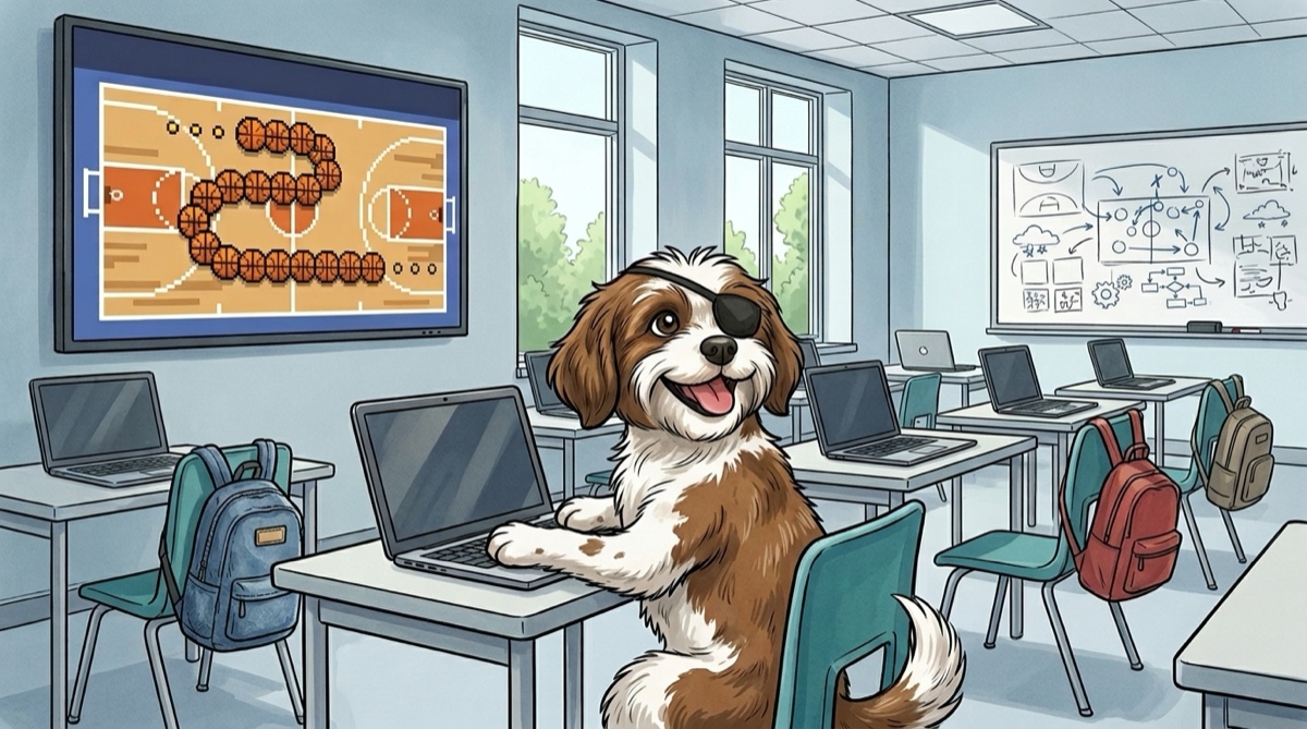 The pirate-dog mascot sitting at a laptop in a school computer lab, grinning up at a wall screen showing the pixel-art basketball snake game he just built