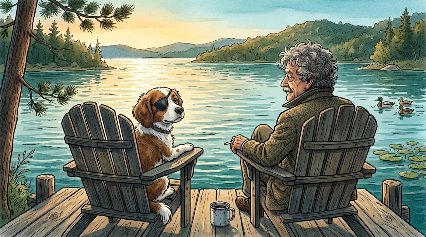 The pirate-dog mascot and Kurt Vonnegut sitting side by side in Adirondack chairs at the end of a dock, looking out over an Adirondack lake at golden hour