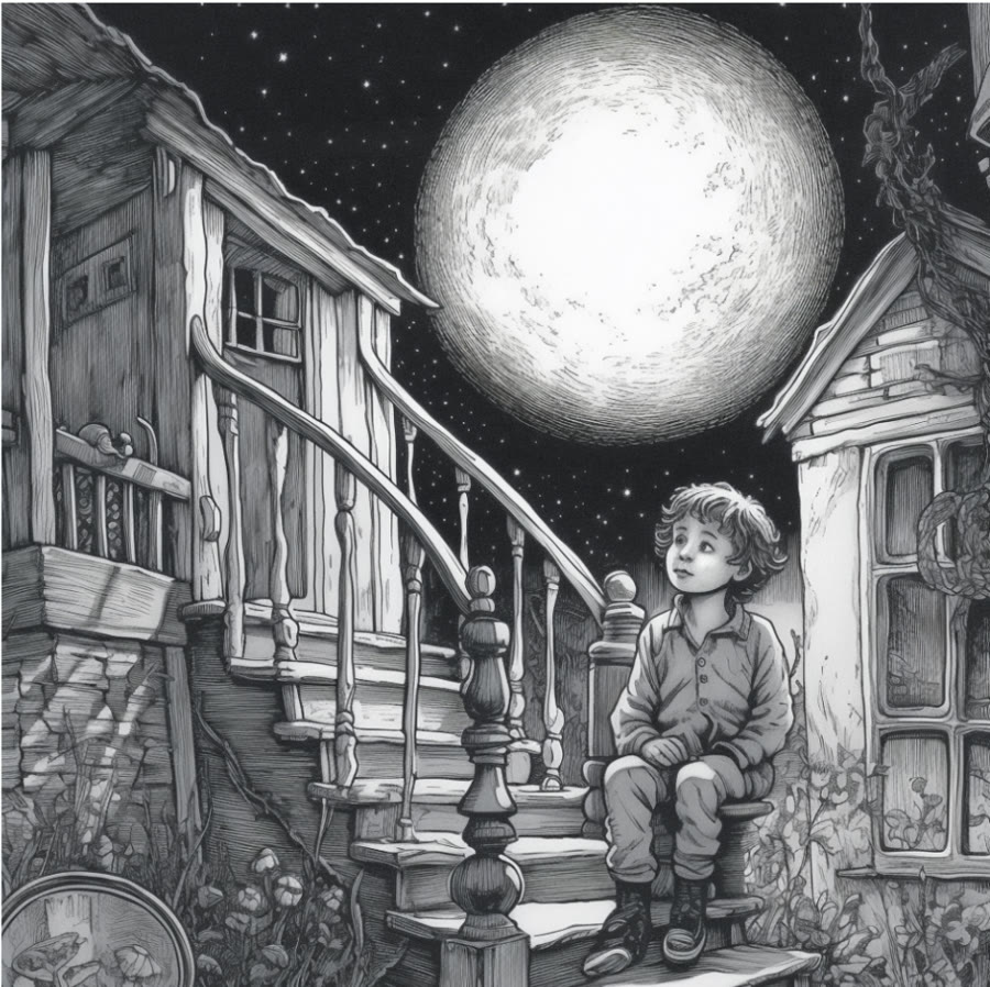 Isaac's 2022 Midjourney image: a black-and-white pen-and-ink illustration of a young boy sitting on a crooked wooden staircase, looking up at an enormous full moon