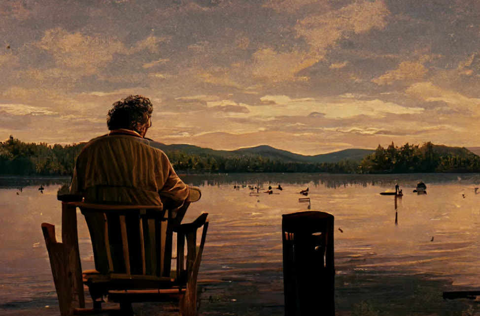 Patrick's actual 2022 Midjourney output: a man with grey curly hair in an Adirondack chair on a dock, back to the camera, ducks on a lake at golden hour