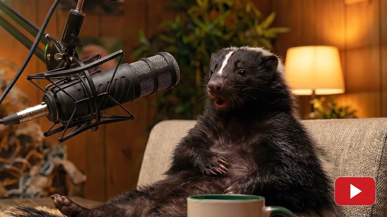 Still from the Exotic Nutrition series: a skunk at a podcast microphone