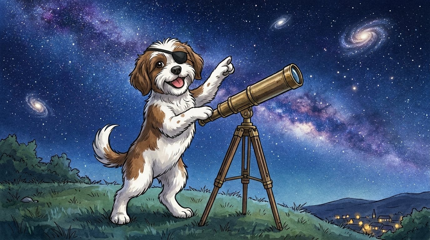 The pirate-dog mascot standing on a hilltop at night beside a brass telescope, pointing up at a sky full of stars and galaxies