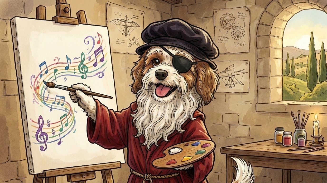 The pirate-dog mascot dressed as Leonardo da Vinci, painting musical notes on a canvas in a Renaissance workshop