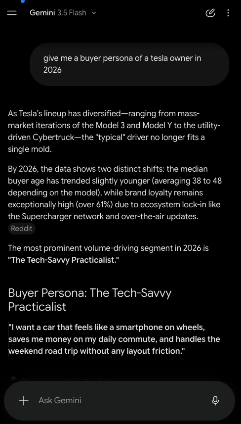 Gemini describes the typical Tesla buyer persona in 2026