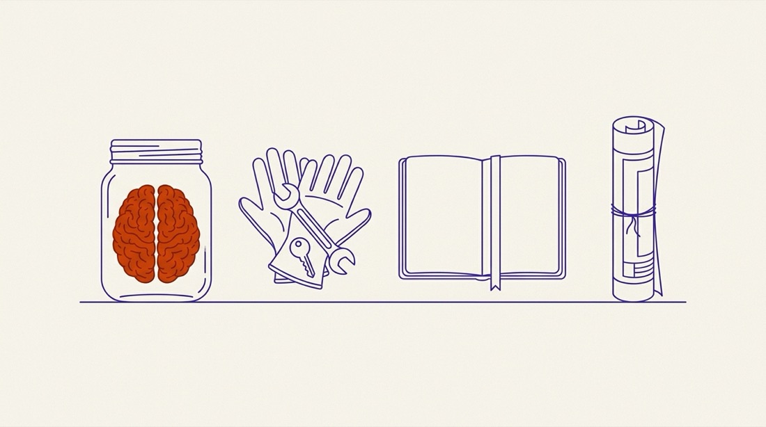 Line drawing of a brain in a jar, work gloves holding tools, an open notebook and a rolled blueprint: the model, tools, context and instructions
