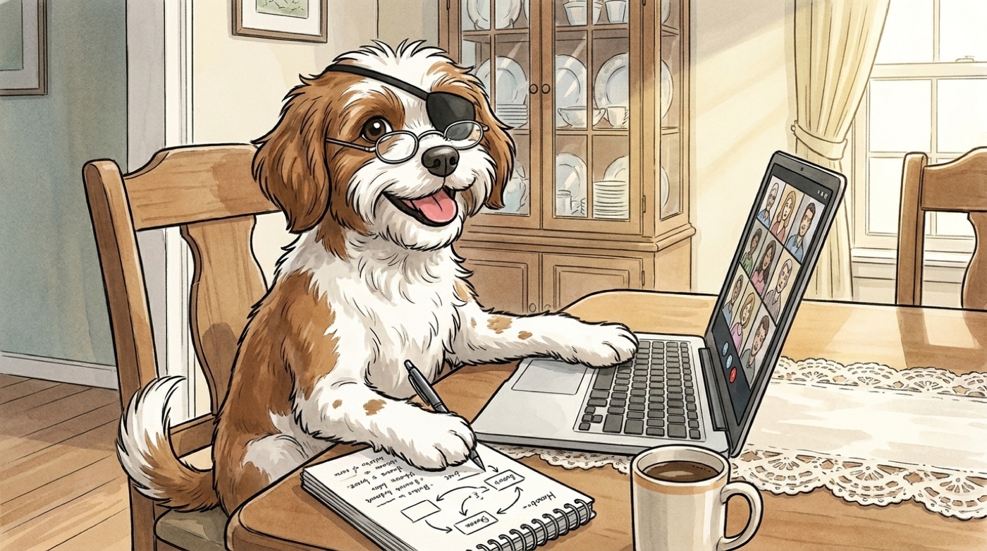 The pirate-dog mascot in reading glasses at a family dining room table, taking notes in front of a laptop on a video call