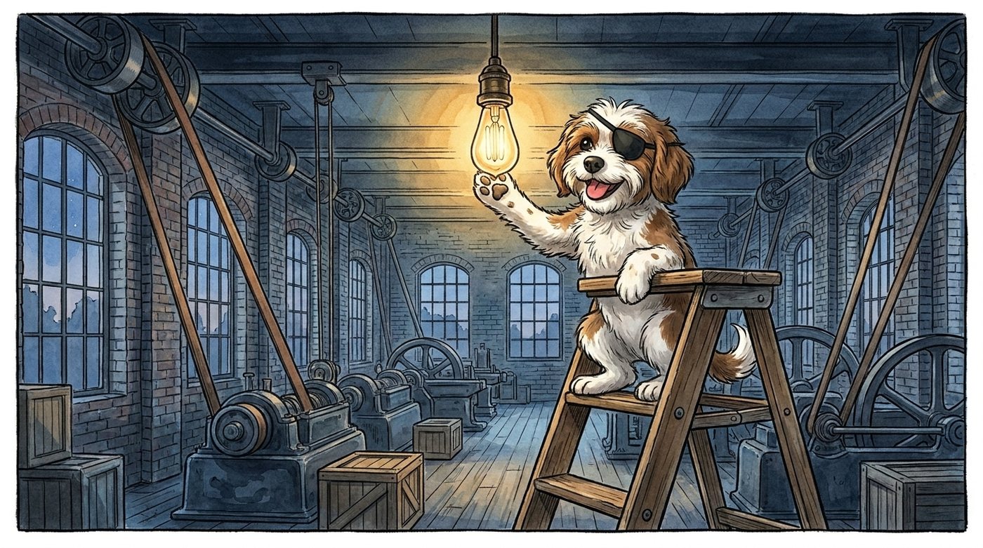 The pirate-dog mascot on a wooden stepladder in an 1880s factory, screwing a glowing lightbulb into the ceiling
