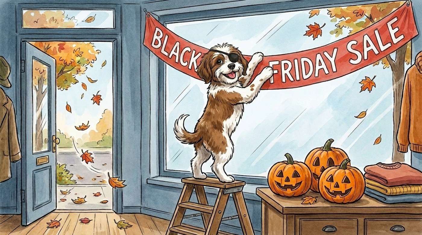 The pirate-dog mascot on a stepladder in a shop window in late October, hanging a red Black Friday Sale banner above a table of jack-o'-lantern pumpkins while autumn leaves blow in through the open door