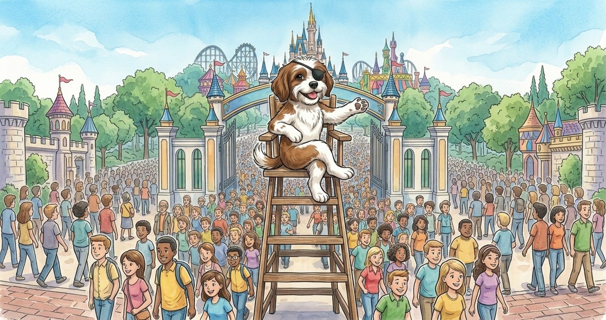 The Never Always dog watching new guests pour through the park gates