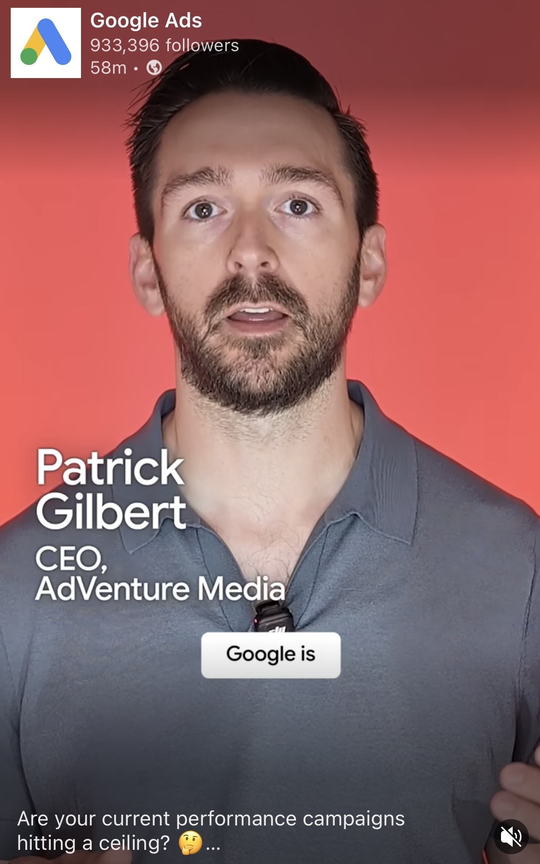 Google Ads LinkedIn post featuring Patrick Gilbert, CEO, AdVenture Media