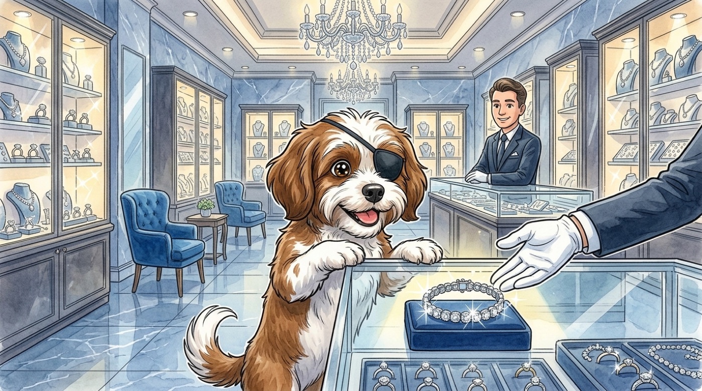 The Never Always pirate dog admiring an expensive diamond tennis bracelet at a luxury jewelry counter