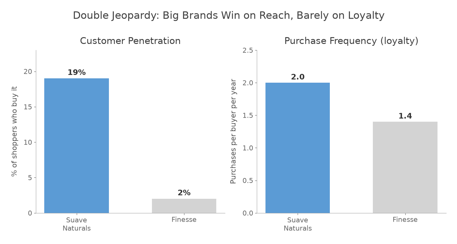 Double Jeopardy: Suave reaches 19% of shoppers vs Finesse's 2%, but their purchase frequency is nearly identical