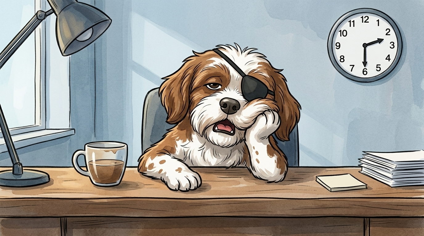 The Never Always pirate dog slumped at his desk at 2:30 in the afternoon, fighting to stay awake