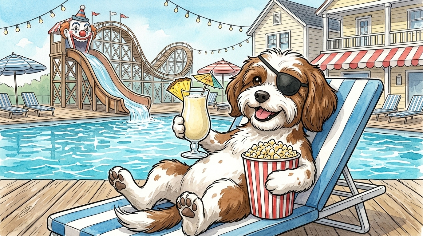 Cartoon pirate Cavapoo lounging poolside at a vintage boardwalk resort with a pina colada and a tub of popcorn