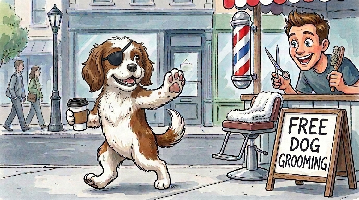 Cartoon pirate Cavapoo walking away from a sidewalk dog-grooming stand with a 'Free Dog Grooming' sign, face turned away from the eager barber while raising a paw to say no thank you