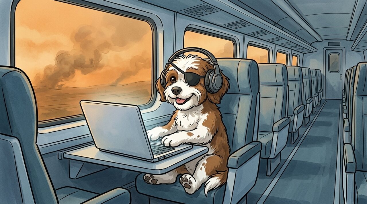 Cartoon pirate Cavapoo sitting in a train seat with big headphones on, smiling and typing on a laptop resting on the tray table, while a bleak smoky-orange sky drifts past the window beside him